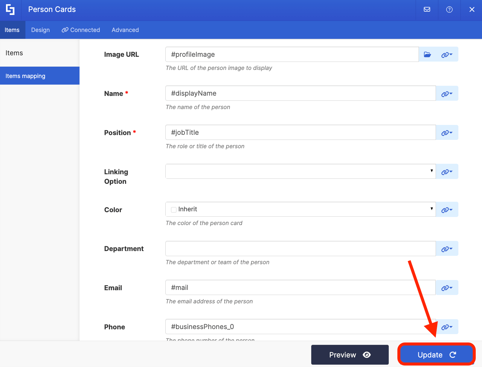 Applying active configurations by selecting the blue update button in ShortPoint