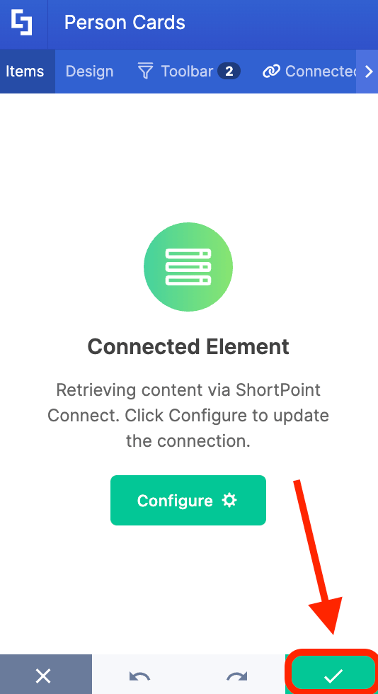 Confirming changes by clicking the green checkmark inside the connected element window