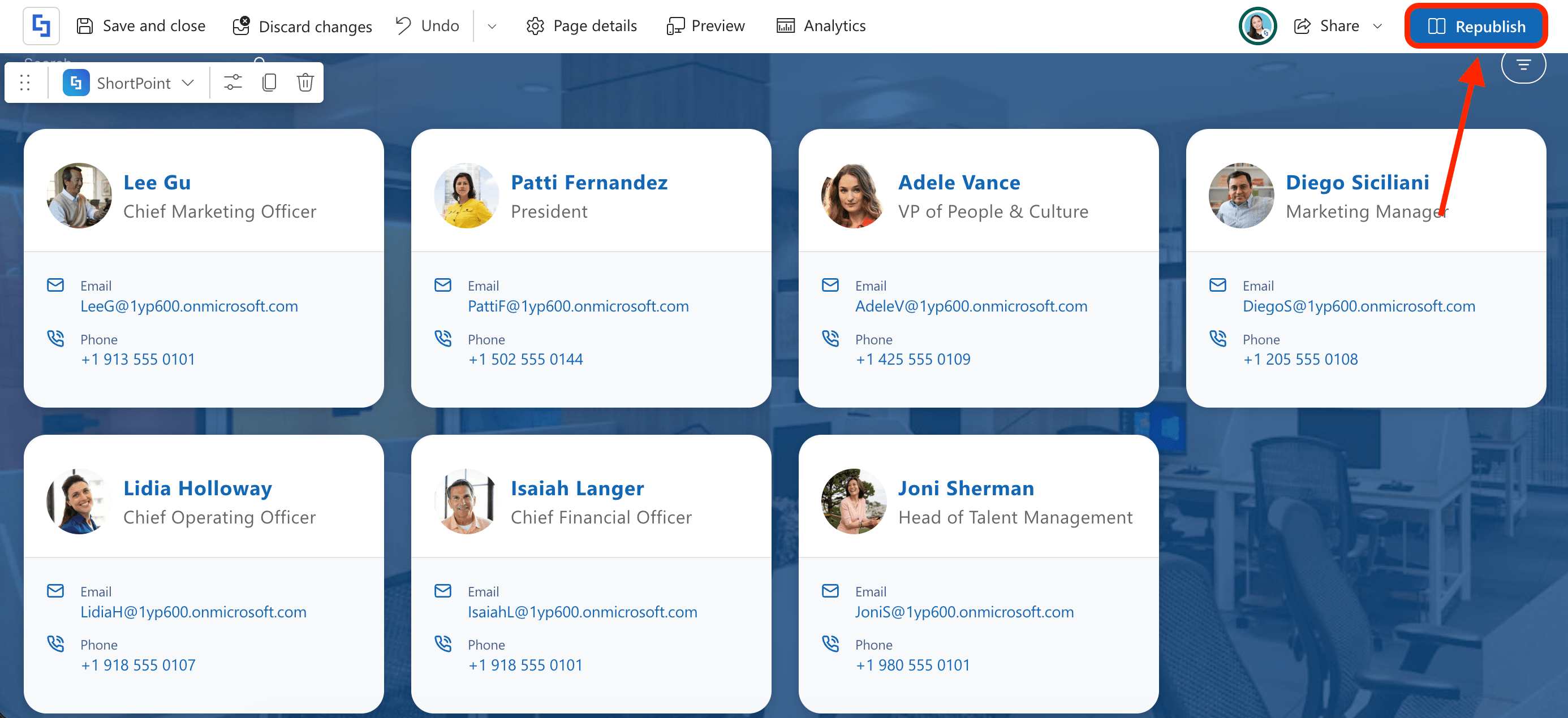 Clicking the republish button on the SharePoint page to make team structural changes live