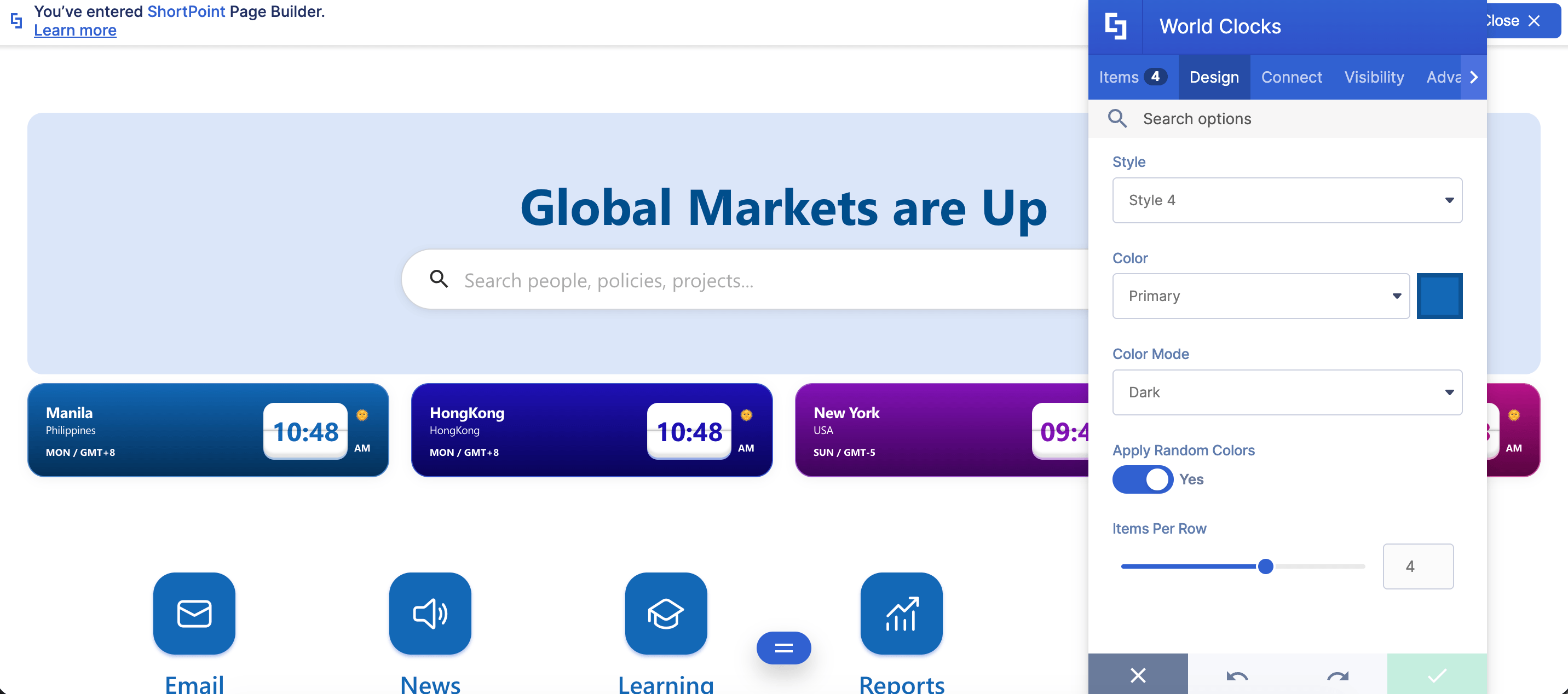 Showcasing design tab customizations for the world clock design element