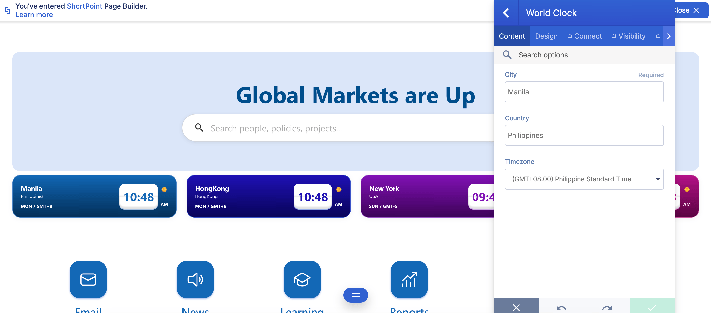 Showcasing content tab customizations for the world clock design element