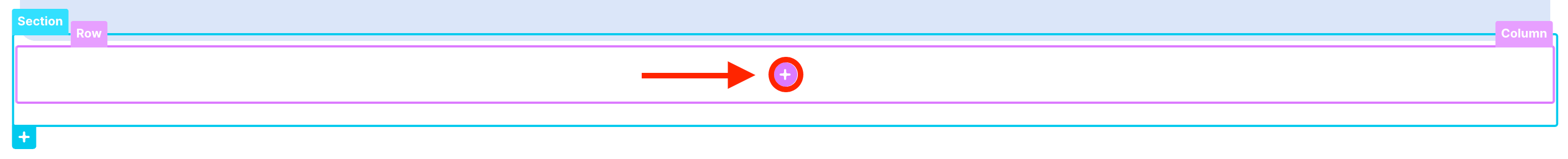 Clicking the insertion plus icon within a row to add a new design element
