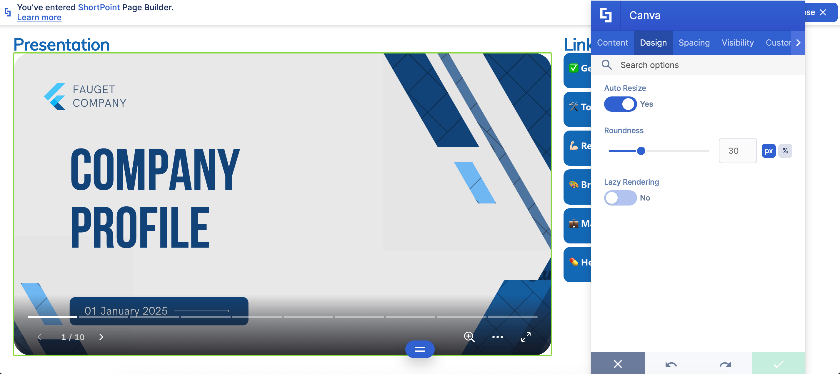Displaying design tab customizations in the settings window