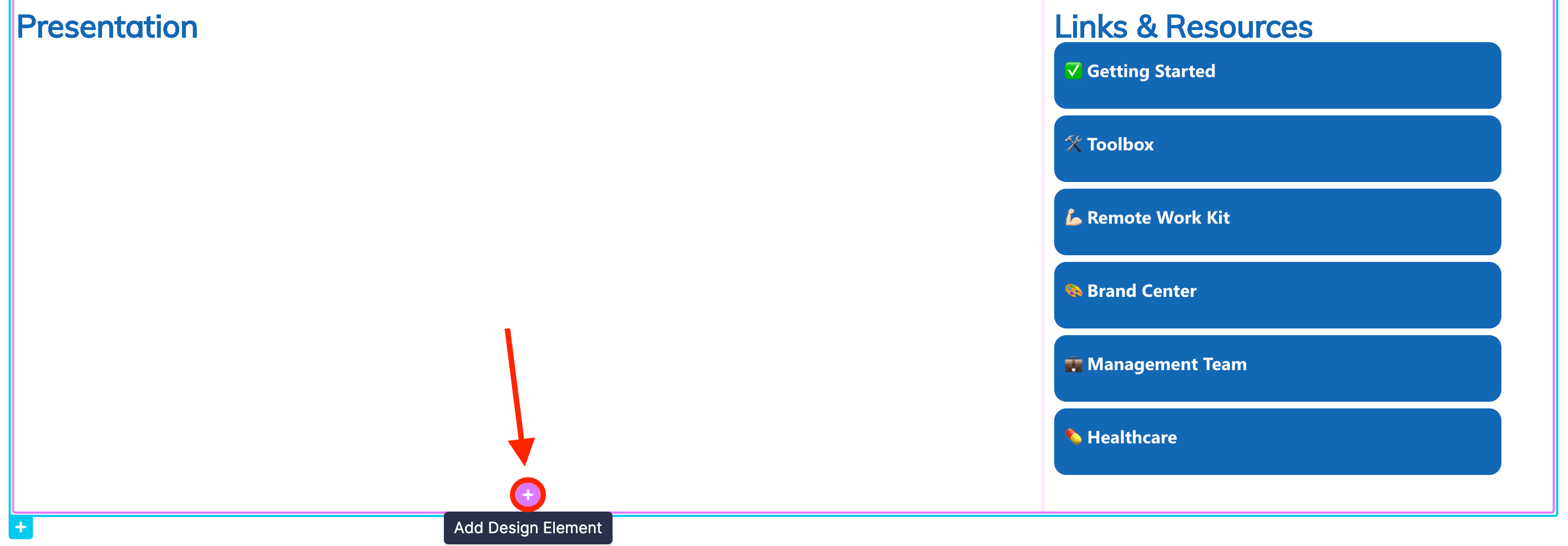 Clicking the plus icon to open the ShortPoint Design Elements library