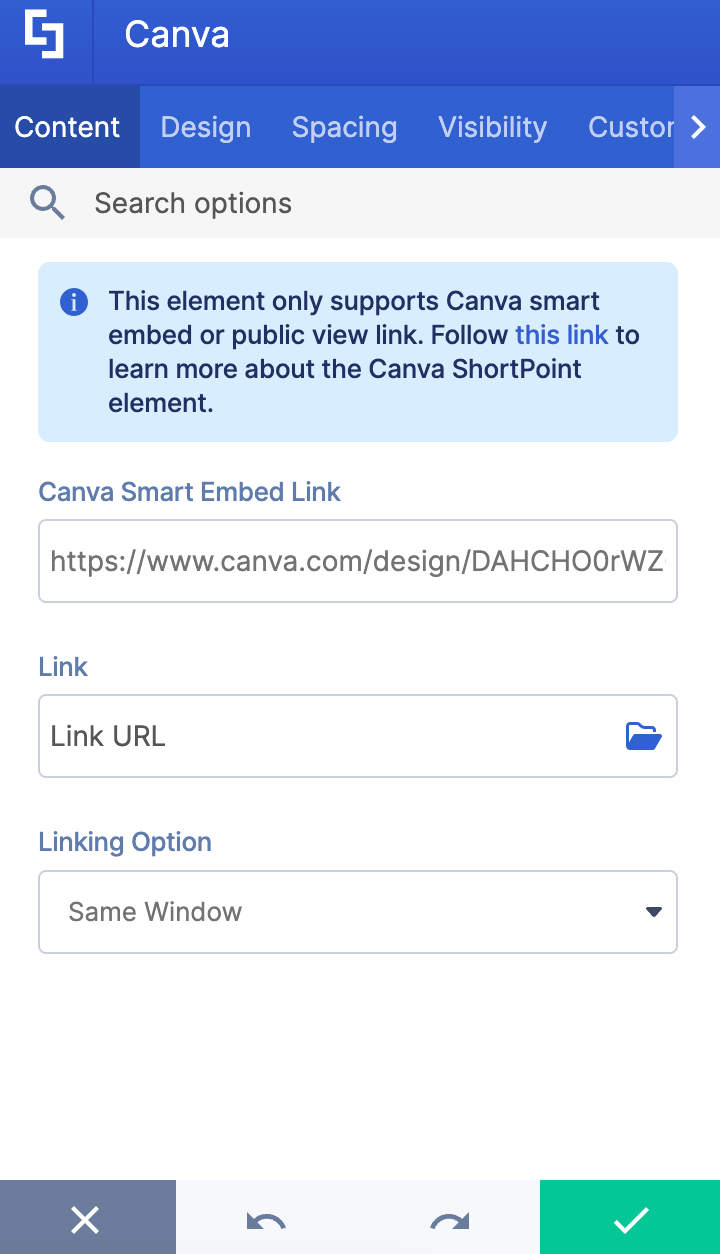 Showing content tab customizations inside the settings window