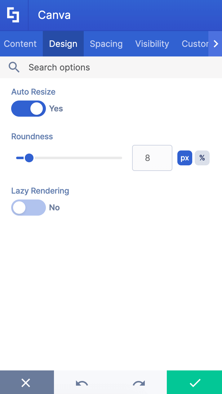 Showing design tab customizations inside the settings window