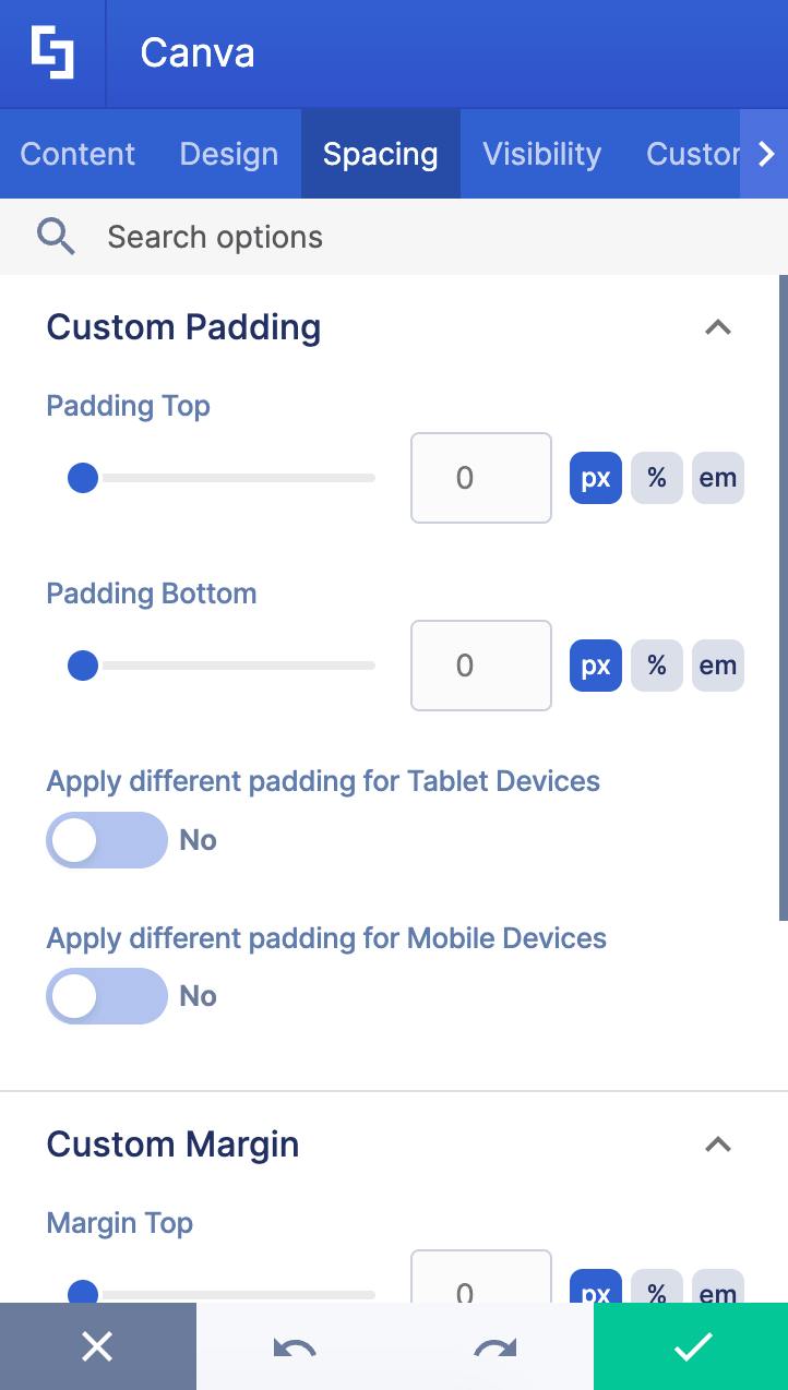 Showing spacing tab customizations inside the settings window