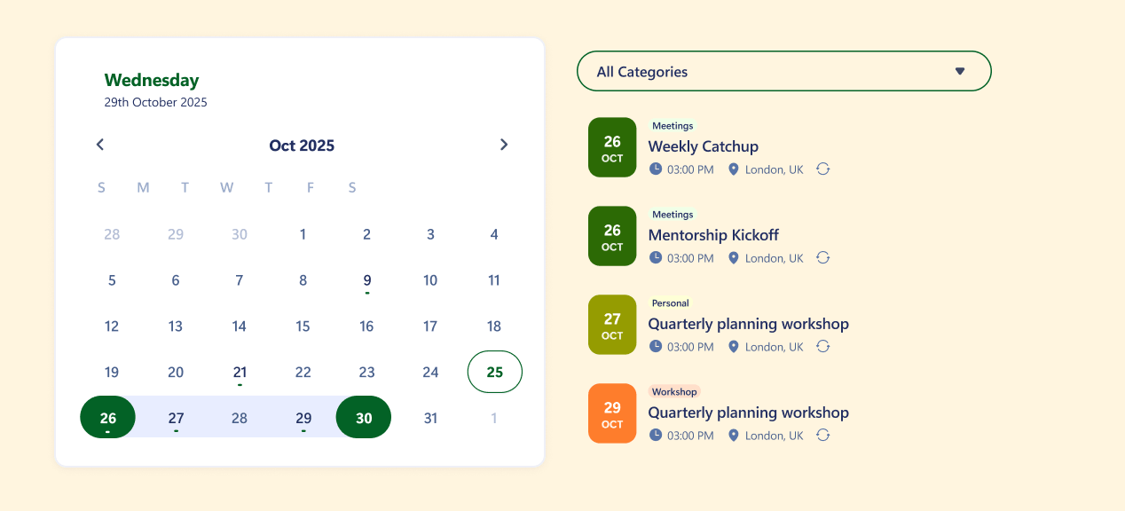 Showcasing team events and upcoming deadlines through the modern Calendar design element