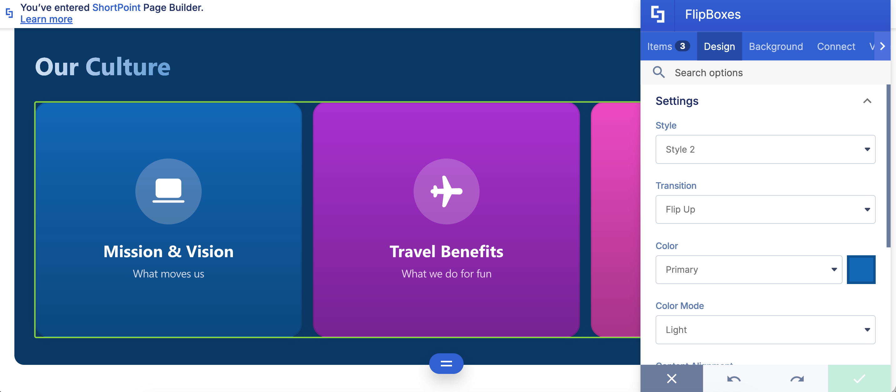 Showing design tab features in the FlipBoxes settings window