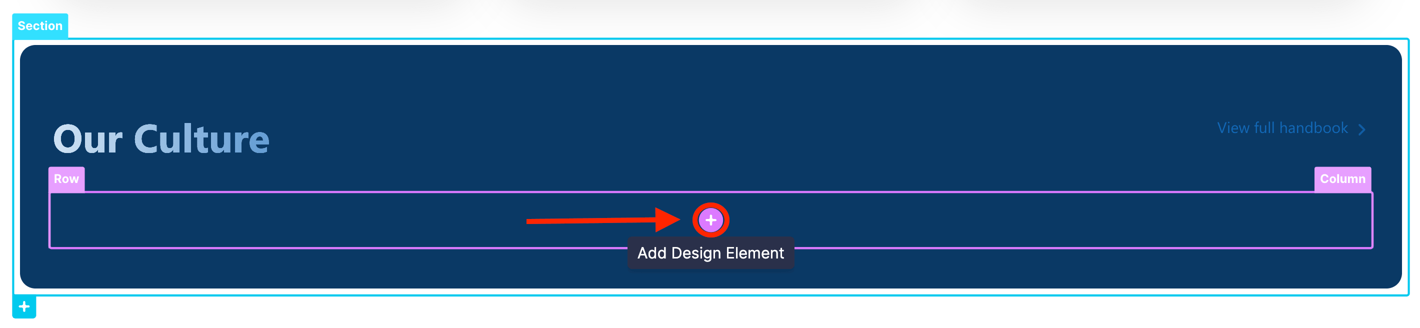 Clicking the plus icon within Page Builder to add a new design component