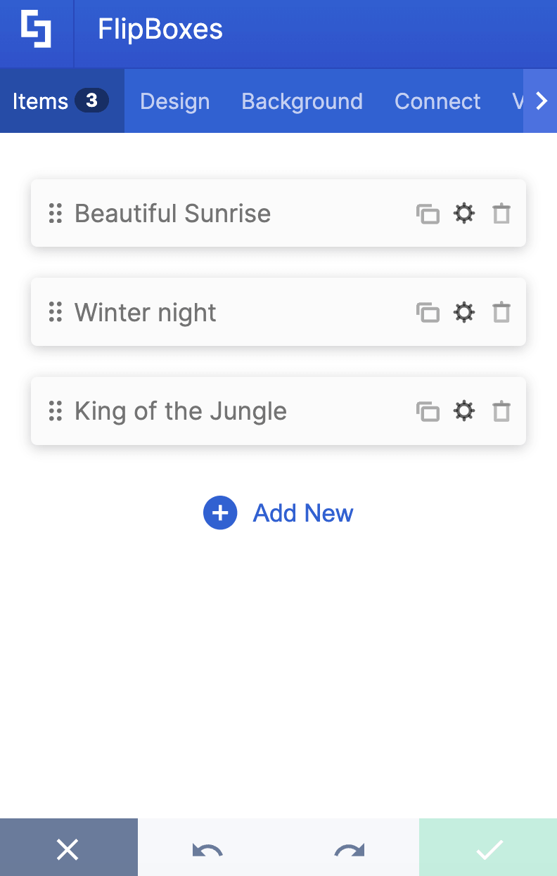 Showing the Items tab within the FlipBoxes Design Element settings panel