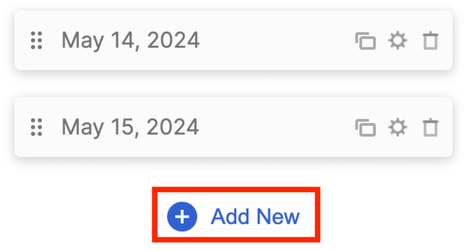 Clicking the Add New button to append another item to the toggle control