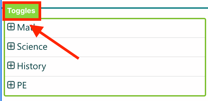 Selecting the Toggles tag container inside the live page builder workspace