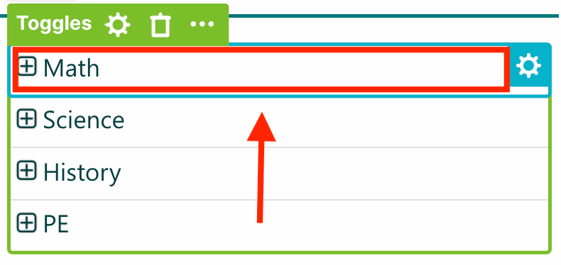 Choosing a specific toggle element item to embed an internal design element