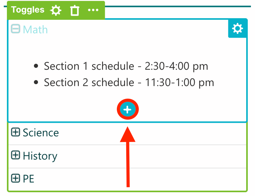 Clicking the inner plus icon to nest a secondary feature inside a toggle