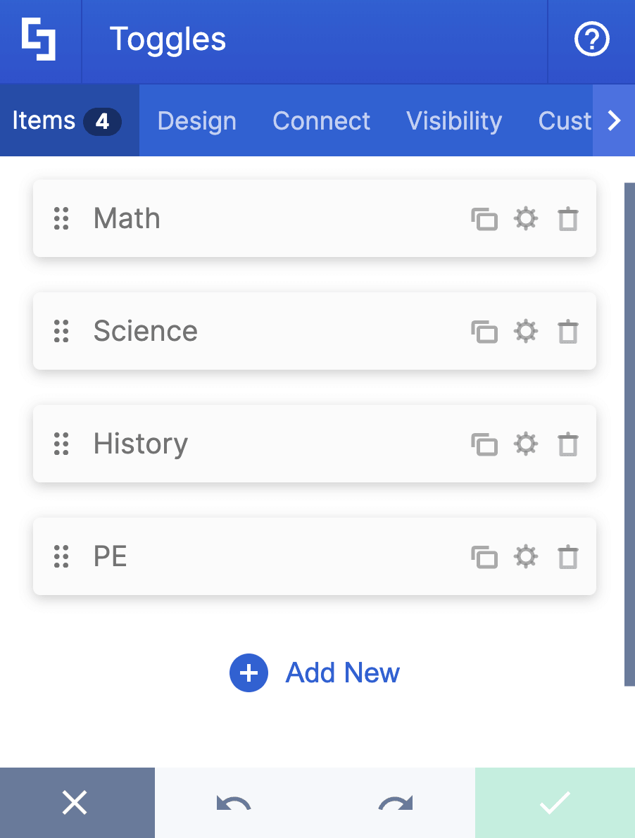 Reviewing configuration controls located inside the Toggles Items tab