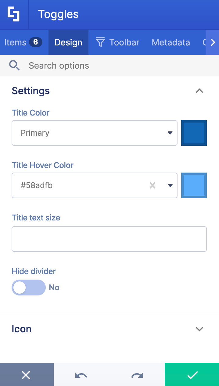 Customizing text size, alignment, and spacing properties within the element Design tab