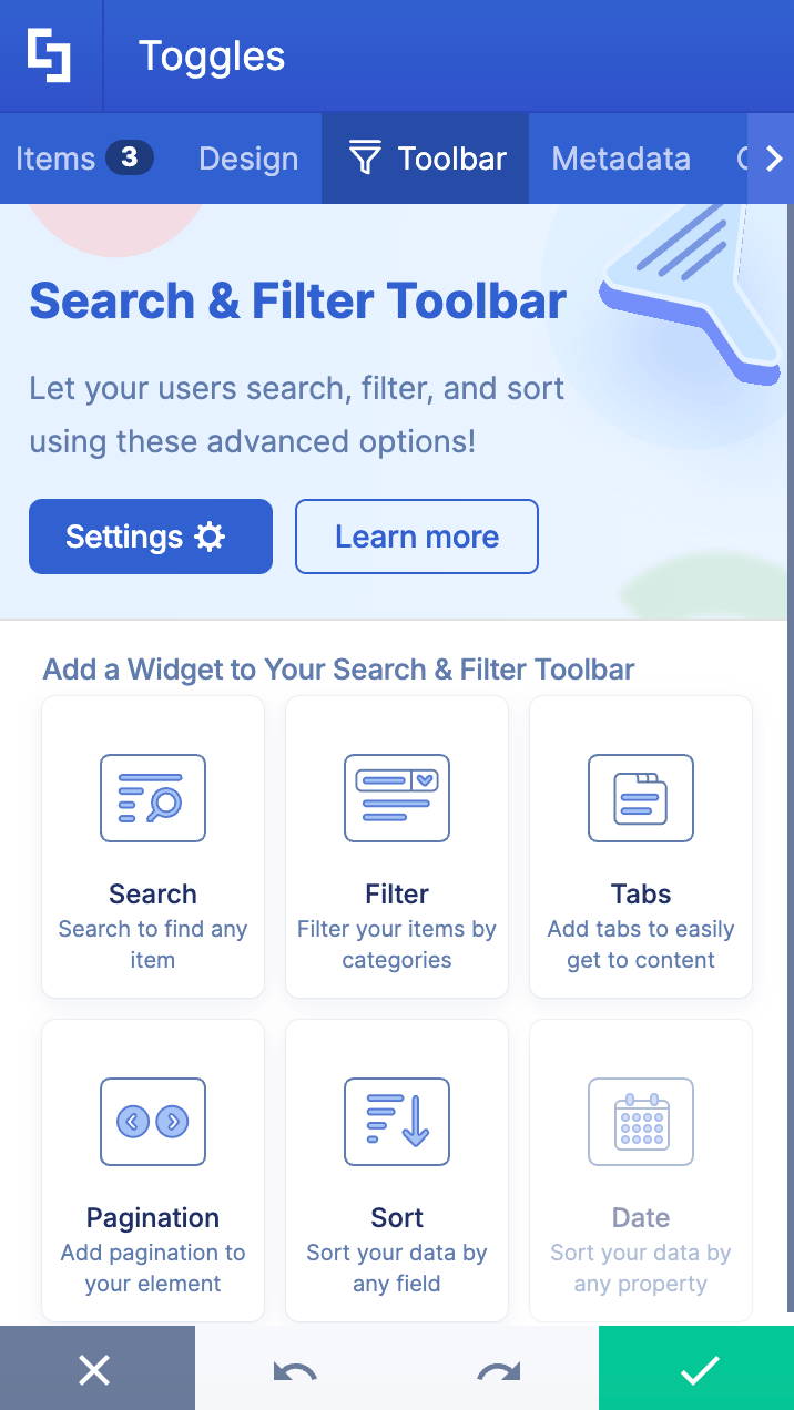 Configuring search, sort, and filtering utilities inside the Toolbar options panel