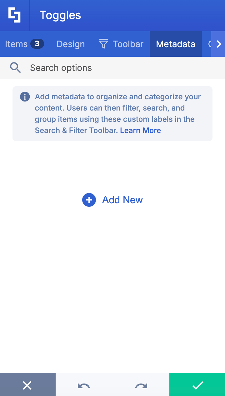 Applying custom categorization tags using fields in the element Metadata settings tab