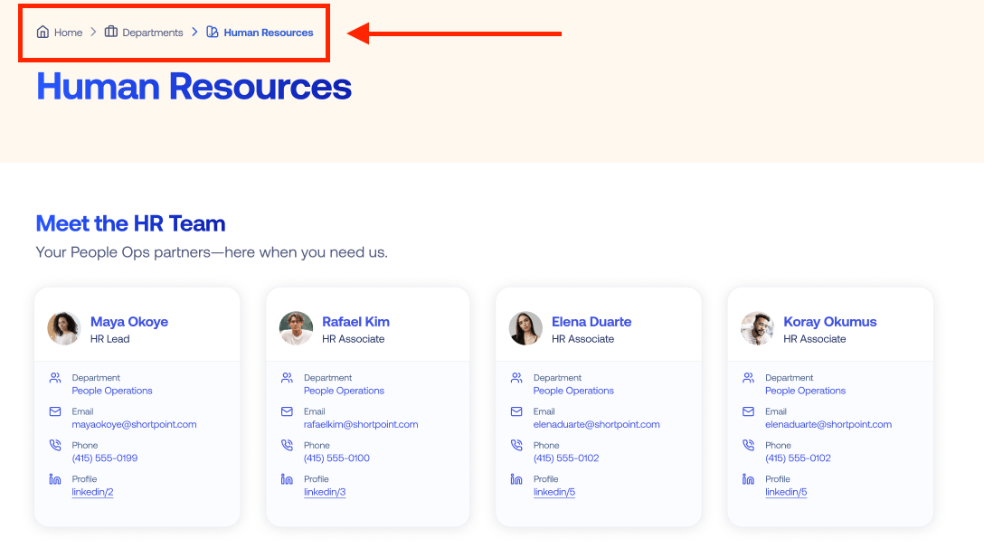 Preview of a customized breadcrumb navigation trail built on a SharePoint Online page