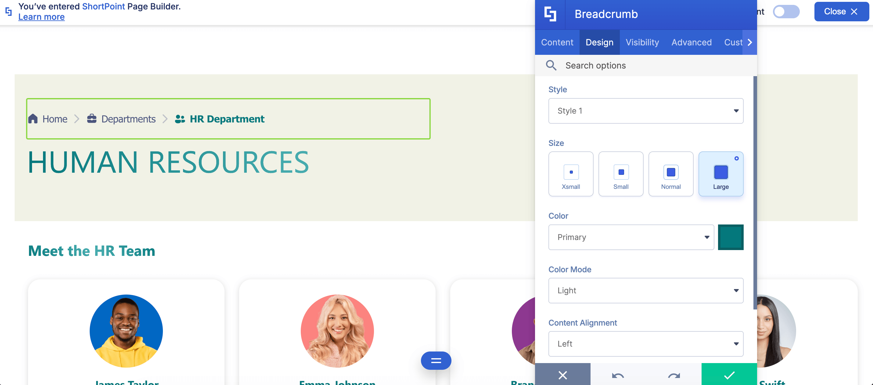 Preview of breadcrumb customizations inside the Design tab