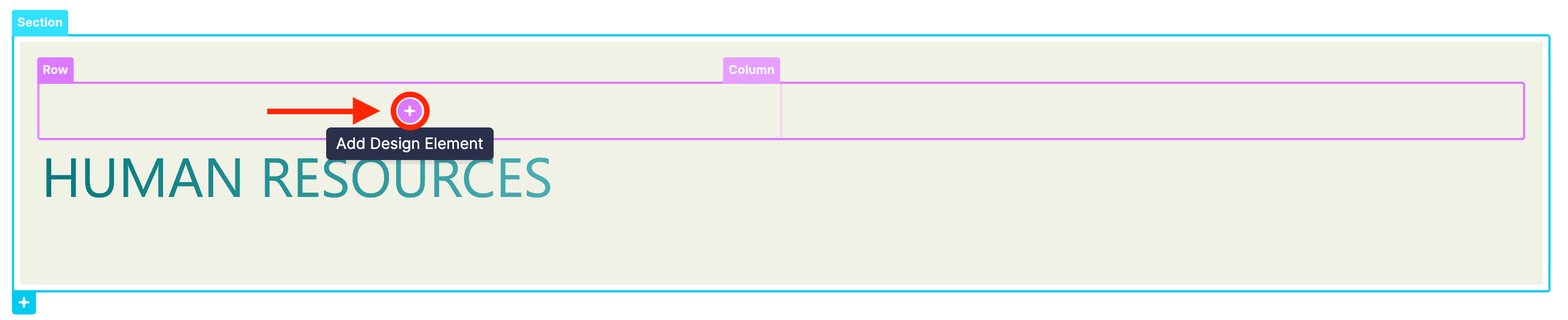 Clicking the plus icon within Page Builder to add a new design element