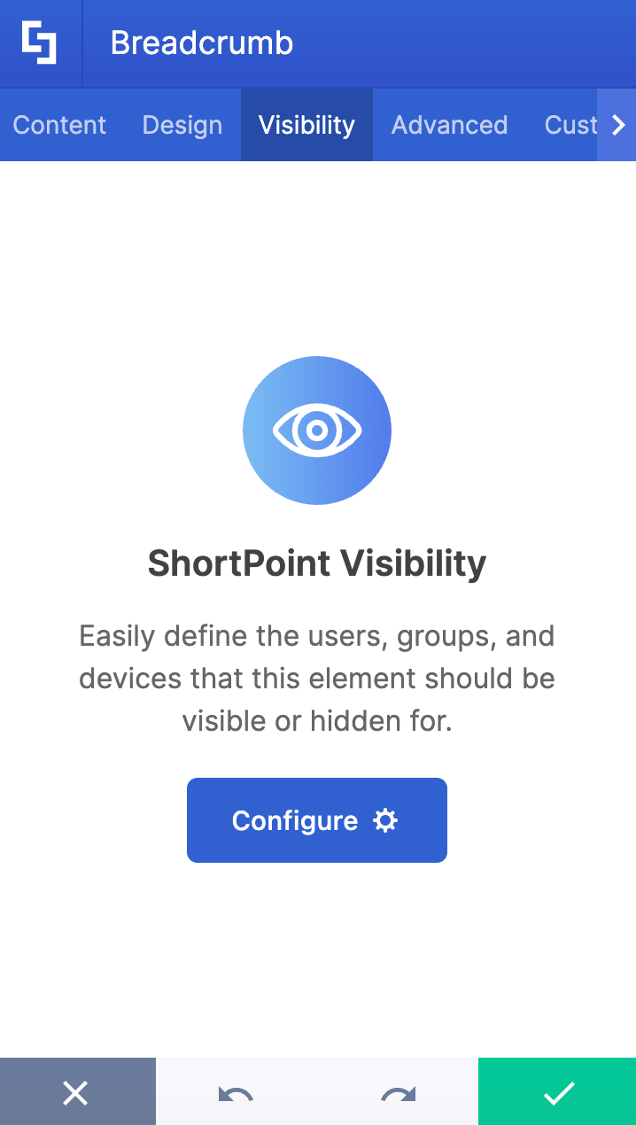 Configuring who can see the breadcrumb in the Visibility tab