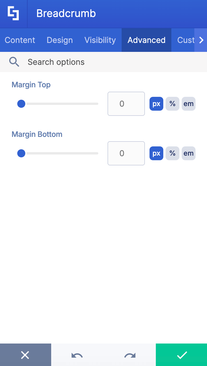 Showing advanced settings for the breadcrumb design element