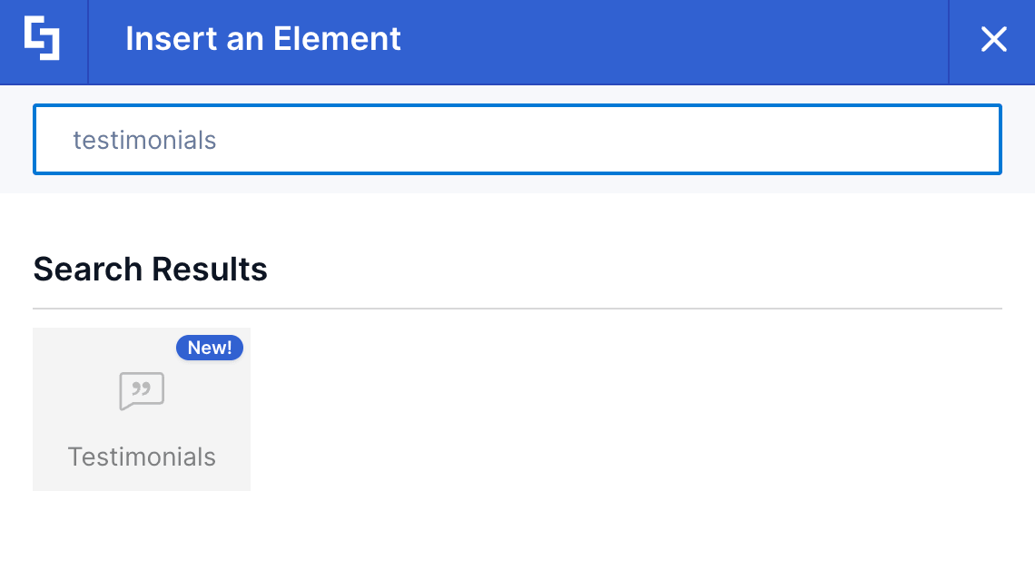 Selecting the testimonials design element in the library of design elements