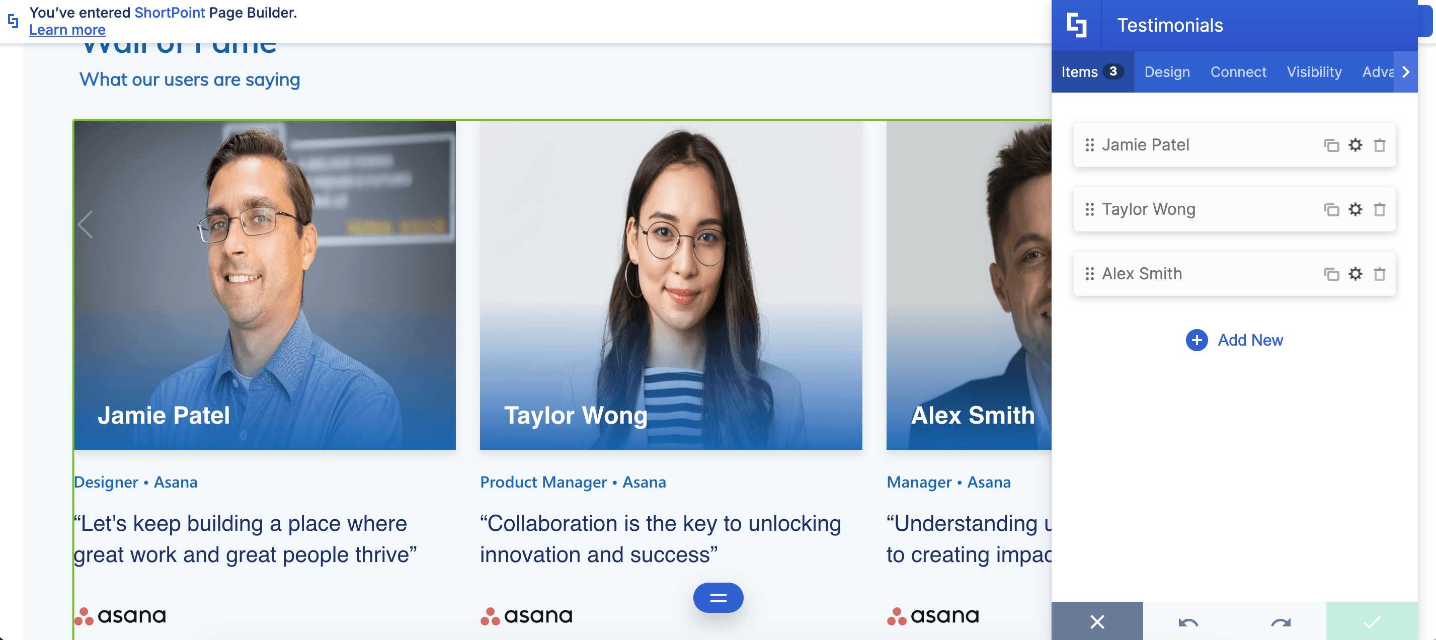 Showing customizations for the testimonials items tab