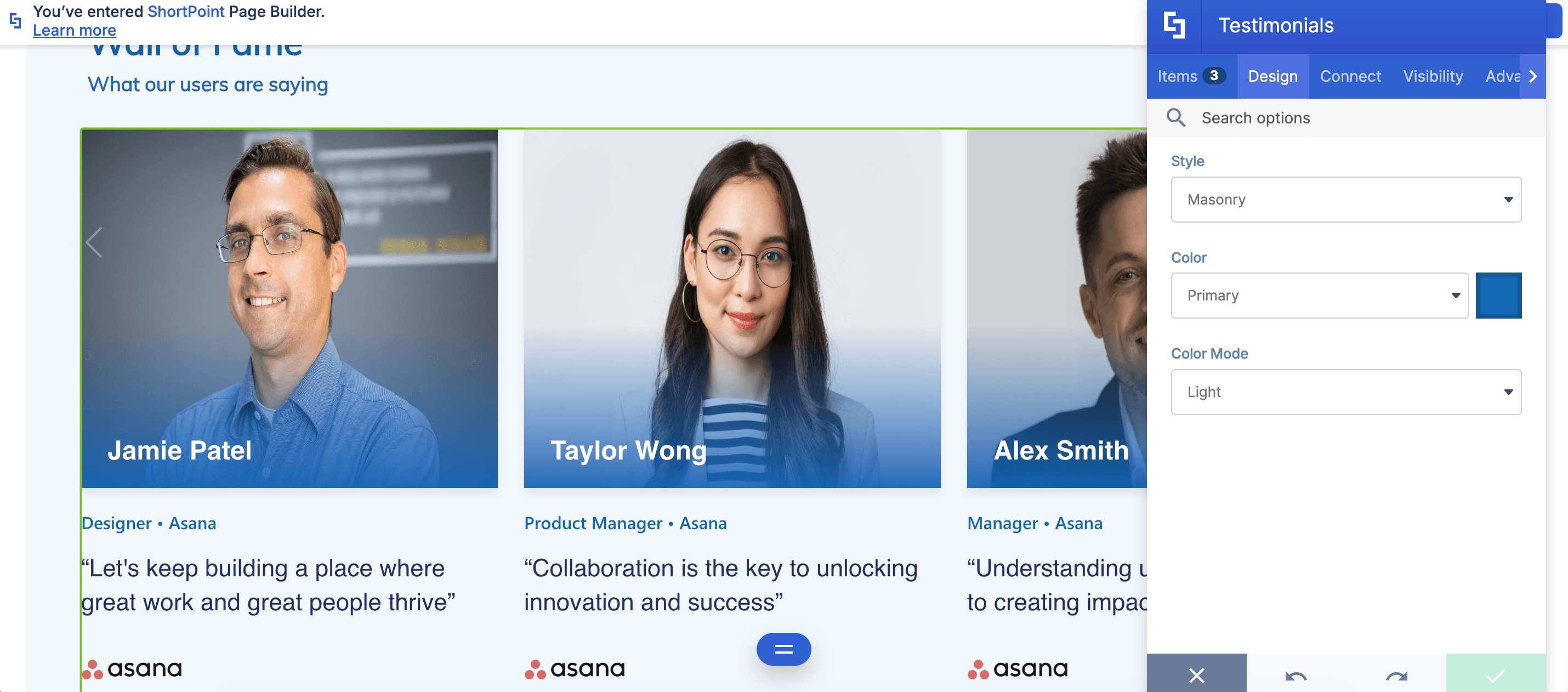 Modify the design options inside the Testimonials Design Element