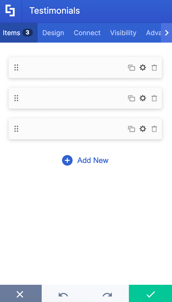 Showing items tab customizations for the testimonials