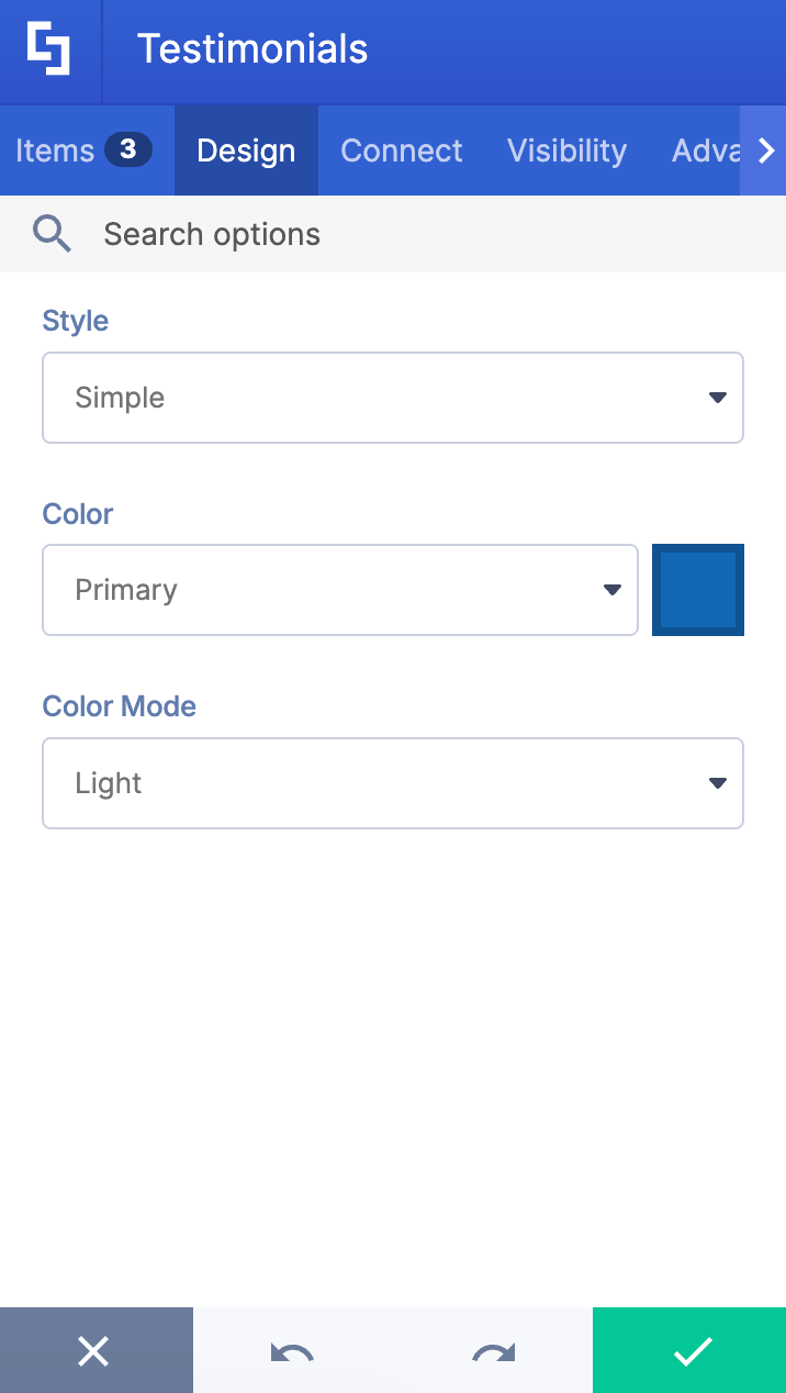 Change the design of the Testimonials in the design tab