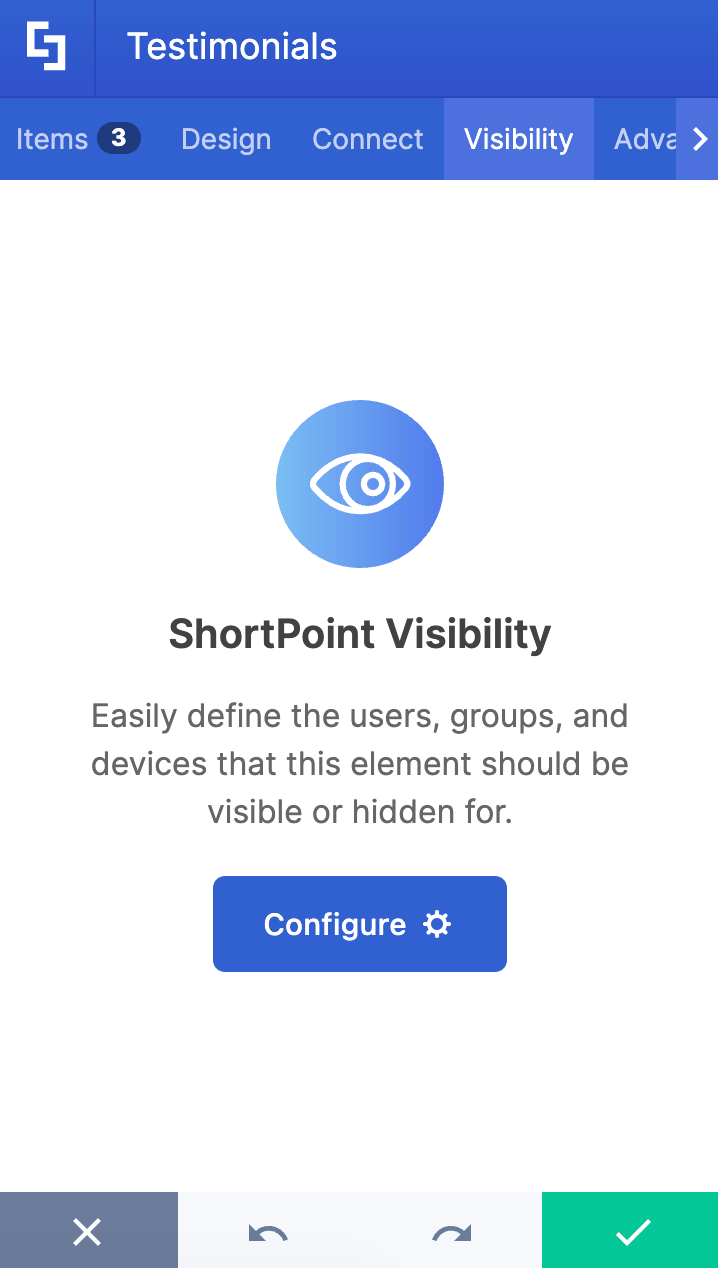 Modify the visibility of the testimonials in the visibility tab