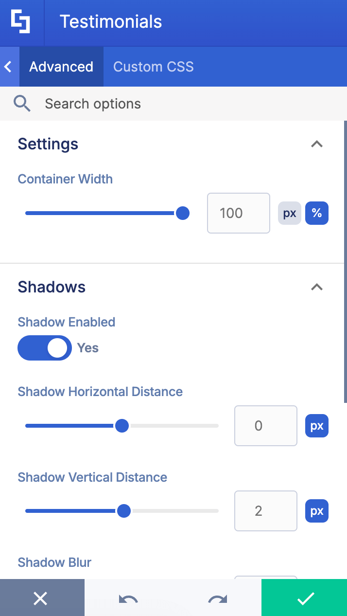 Show other advanced settings to modify the testimonials