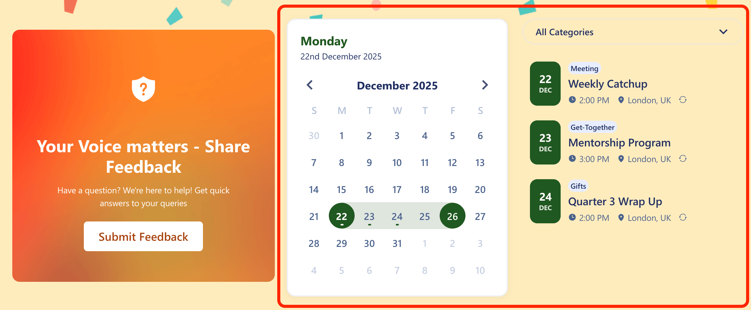 Preview of the calendar design element in a SharePoint page