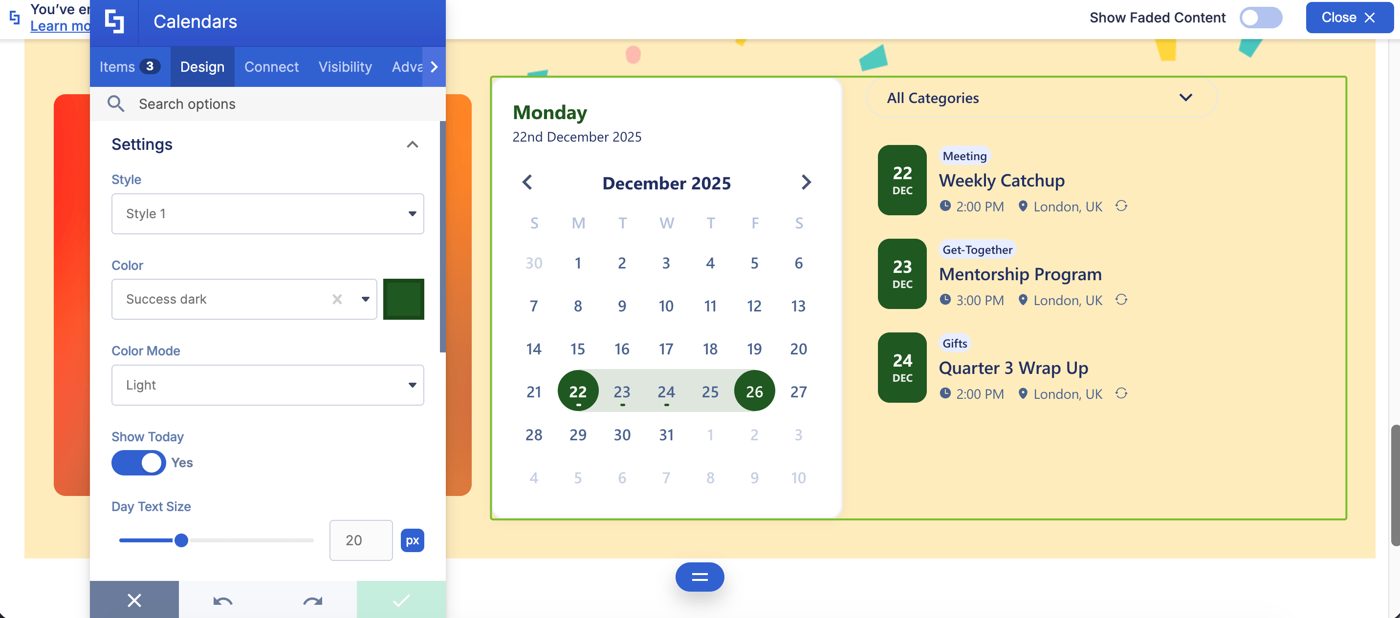Modify the look of the calendar inside the design tab