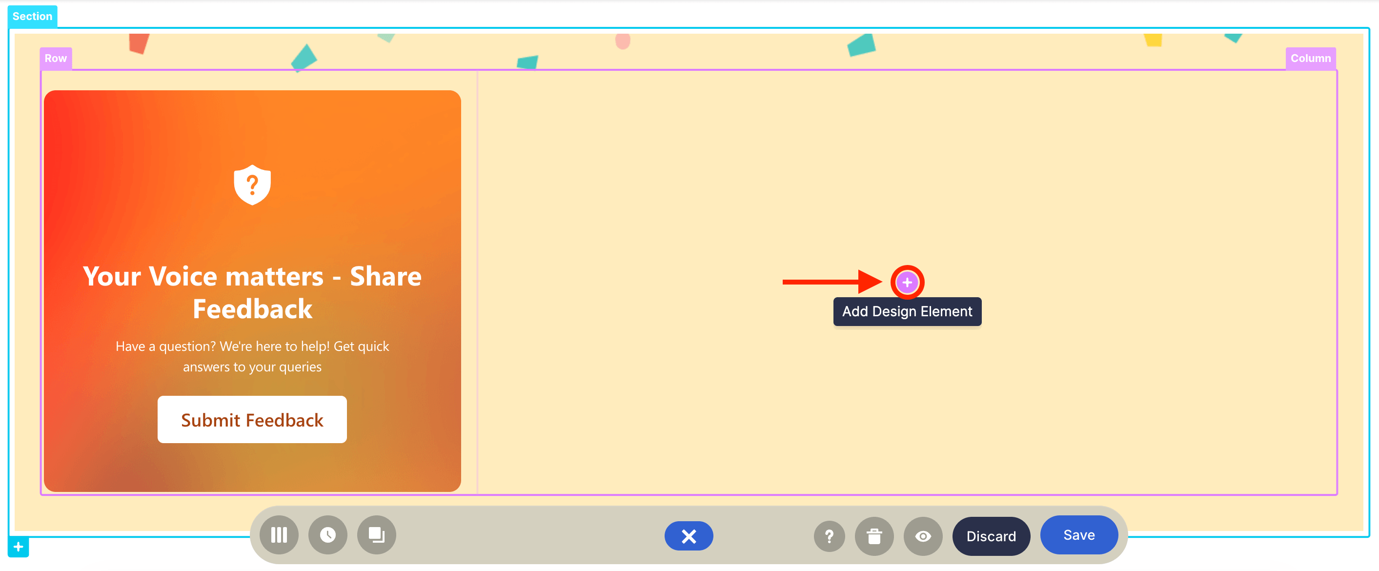 Clicking the insert plus icon within the section grid layout to add an element