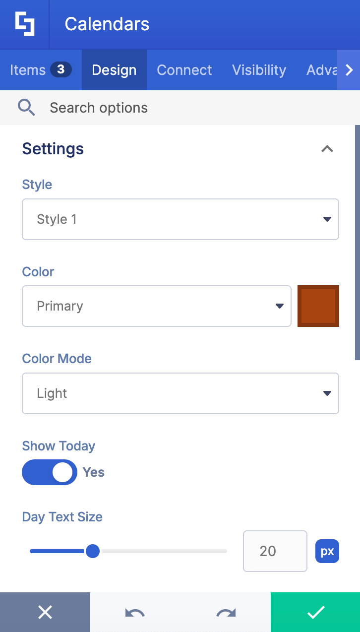 Overview of the settings inside the calendars Design tab