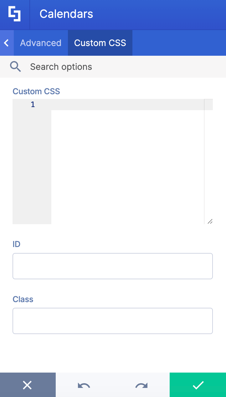 Add custom css codes into the calendar design using the custom css tab
