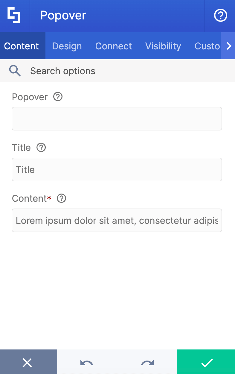 Editing Popover main text, titles, and descriptive elements in the Content tab interface