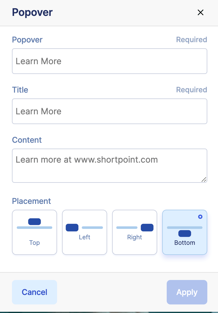 Reviewing text, description, and directional placement rules in the Popover Rich Text Editor