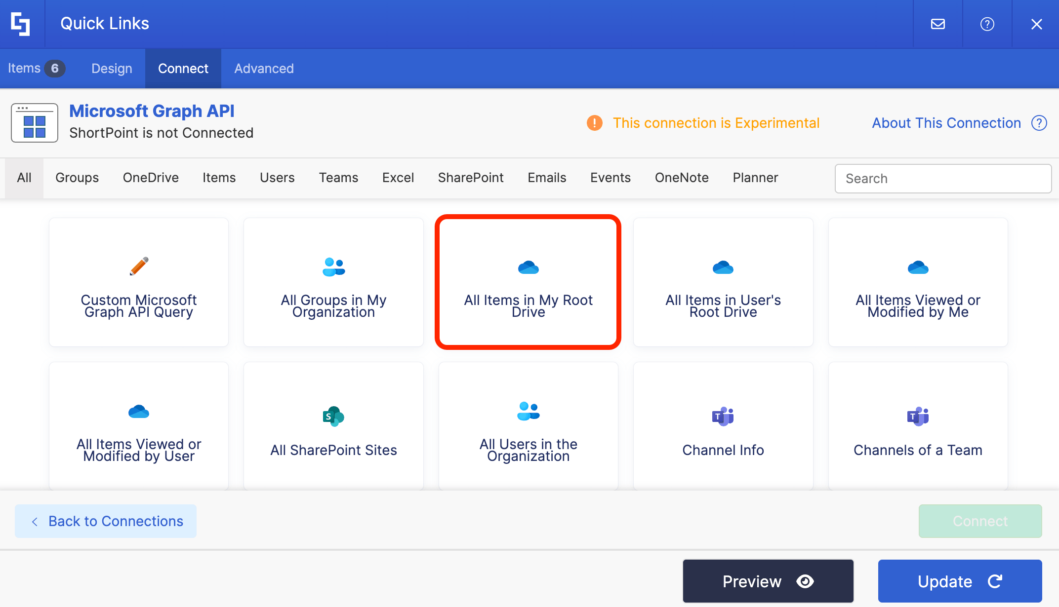 Selecting the All Items in My Root Drive use case inside connection settings