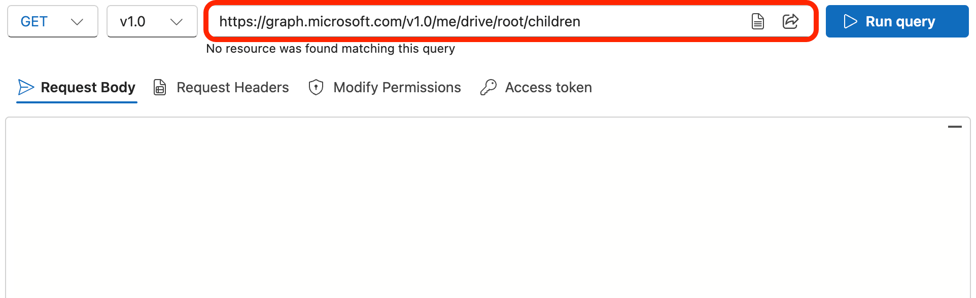 Pasting the root children request path into the Graph Explorer query input field