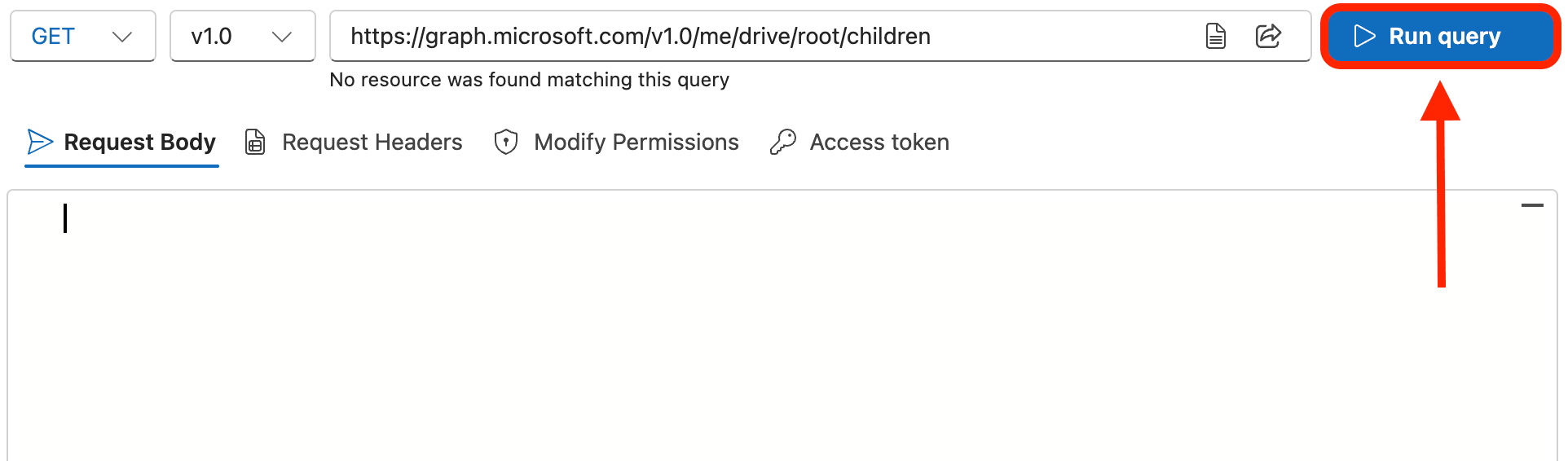 Clicking the blue Run Query action button to execute the custom API request