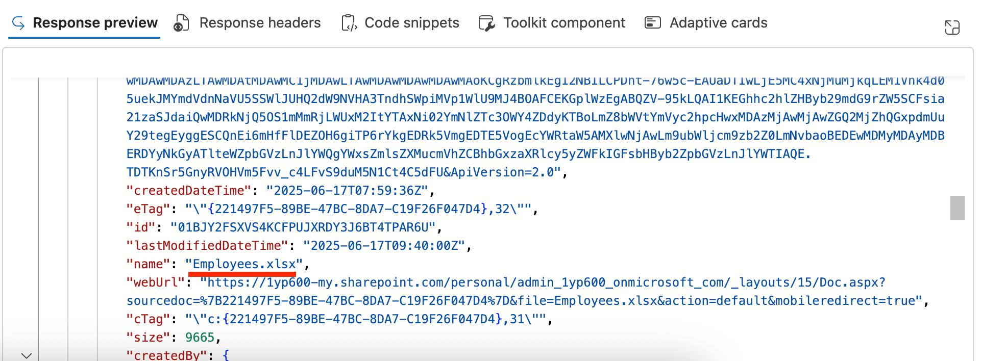 Locating the target Excel file name within the JSON response preview data payload