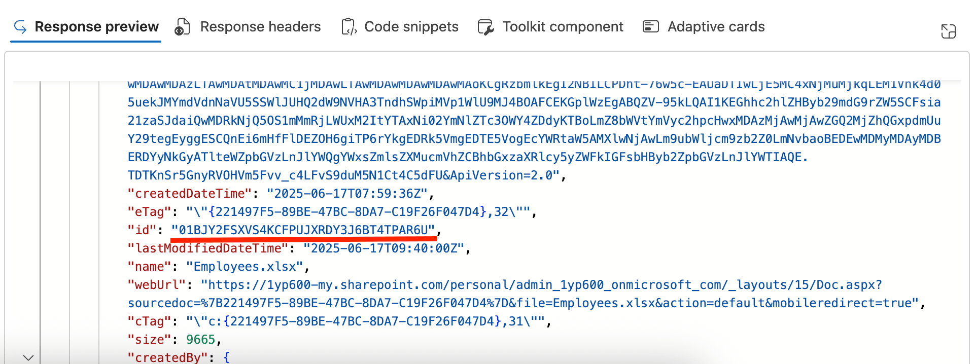 Highlighting and copying the unique alphanumeric file ID string from the API response preview