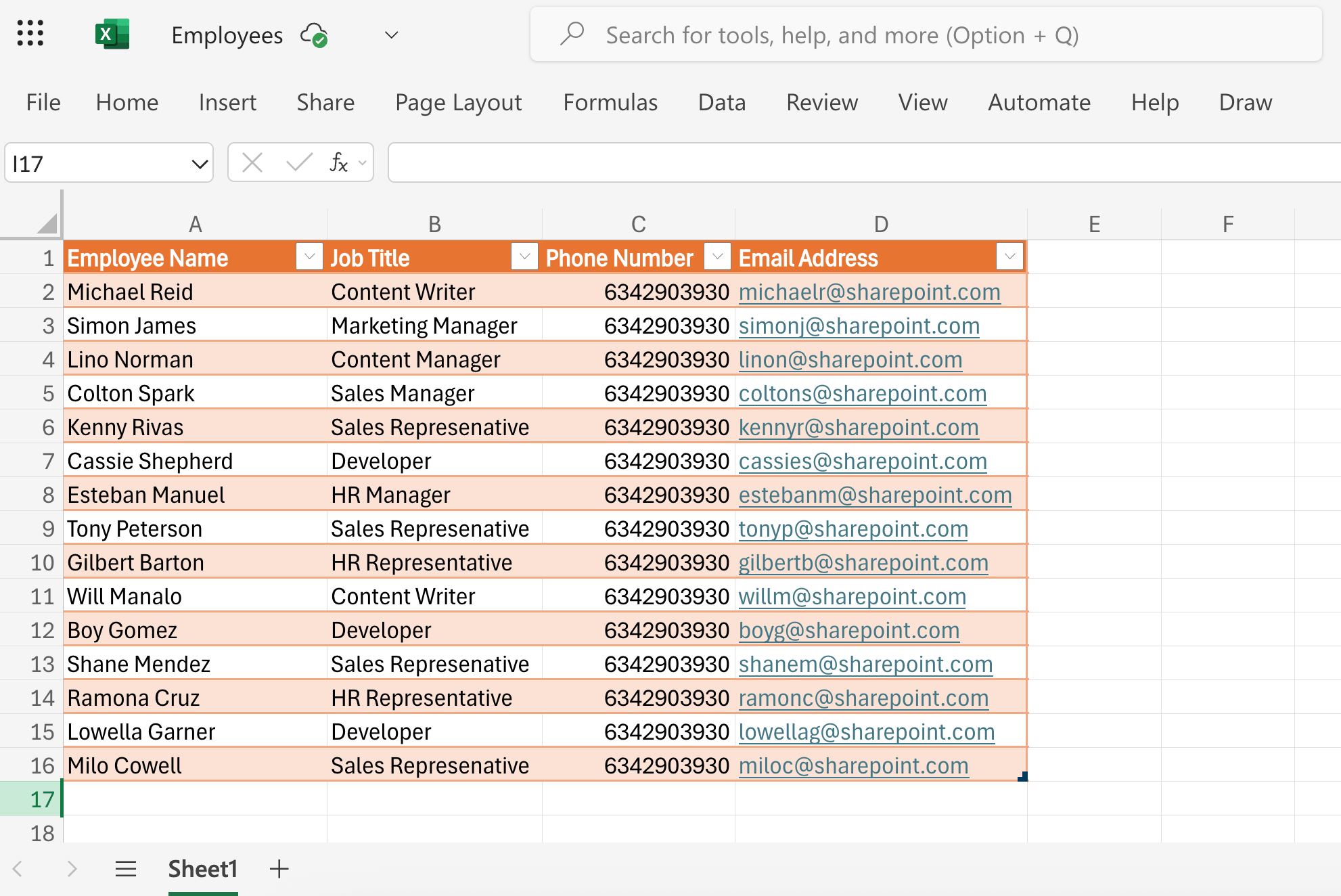 Reviewing row data and employee names inside the source Excel online workbook table