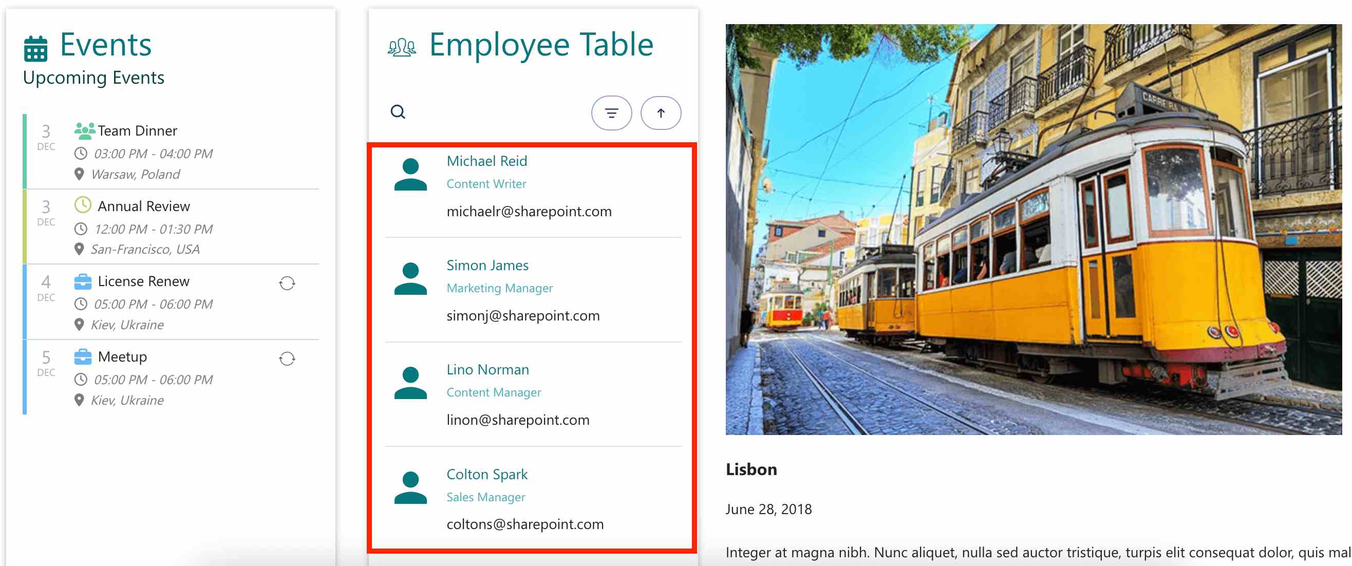 Showcasing formatted live database records inside a custom employee table on a SharePoint dashboard