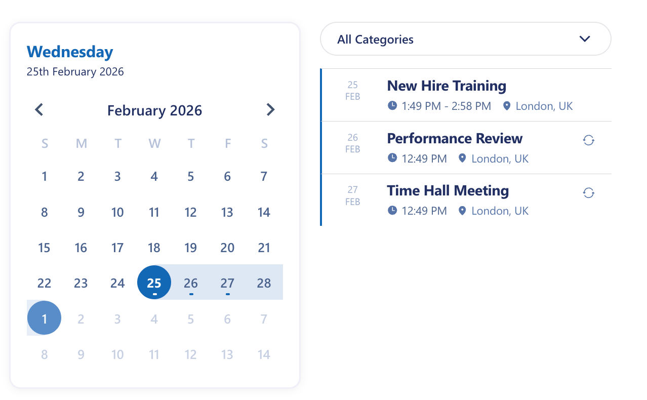 Preview of a minimalist design style for the calendar design element